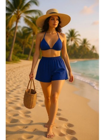 Kadın Mavi Şortlu Belden ve Boyundan Bağlamalı Bikini Takımı – Modern, Konforlu ve Günlük Kombinlere Uygun