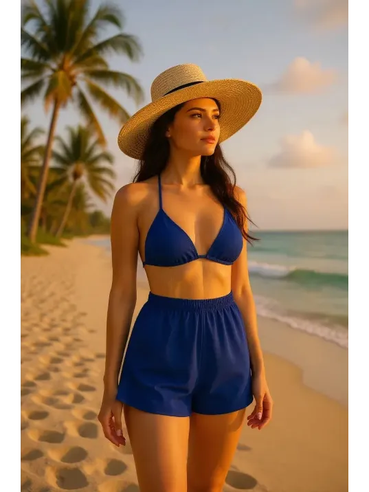 Kadın Mavi Şortlu Belden Ve Boyundan Bağlamalı Bikini Takımı – Modern, Konforlu Ve Günlük Kombinlere Uygun