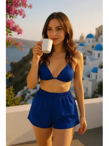 Kadın Mavi Şortlu Belden Ve Boyundan Bağlamalı Bikini Takımı – Modern, Konforlu Ve Günlük Kombinlere Uygun