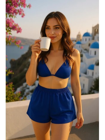 Kadın Mavi Şortlu Belden Ve Boyundan Bağlamalı Bikini Takımı – Modern, Konforlu Ve Günlük Kombinlere Uygun