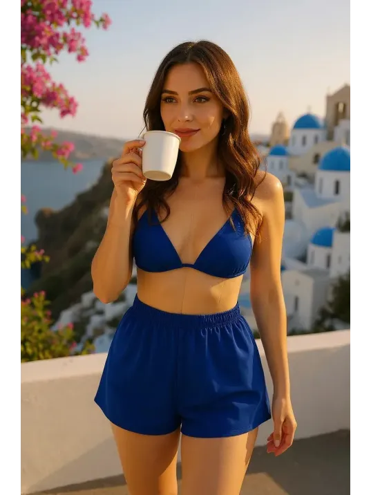 Kadın Mavi Şortlu Belden Ve Boyundan Bağlamalı Bikini Takımı – Modern, Konforlu Ve Günlük Kombinlere Uygun