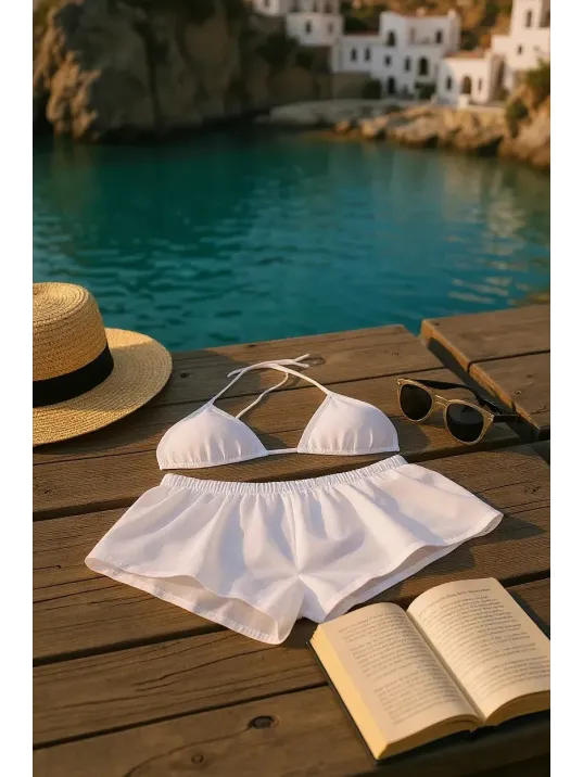 Kadın Beyaz Şortlu Belden Ve Boyundan Bağlamalı Bikini Takımı – Modern, Konforlu Ve Günlük Kombinlere Uygun