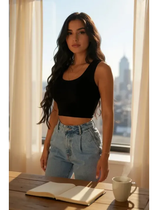 Kadın Siyah Kare Yaka Crop Top Bluz – Şık, Rahat Ve Kolay Kombinlenebilir