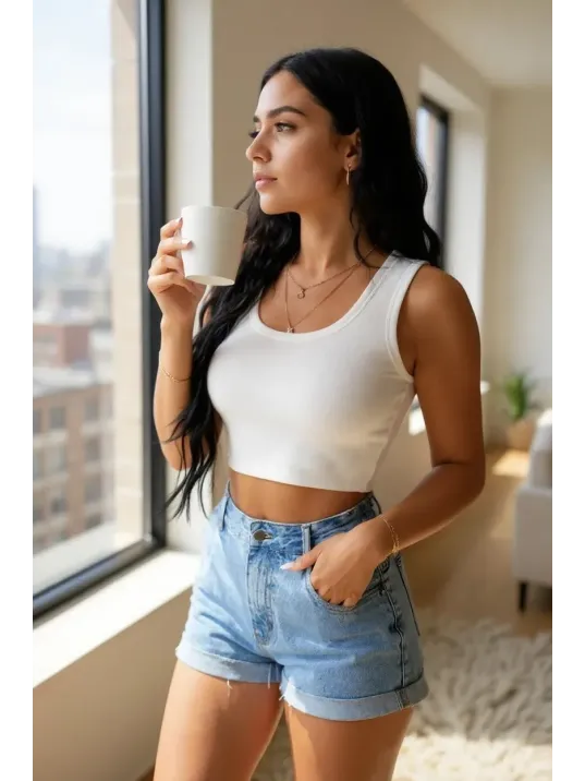 Kadın Beyaz Kare Yaka Crop Top Bluz – Şık, Rahat Ve Kolay Kombinlenebilir