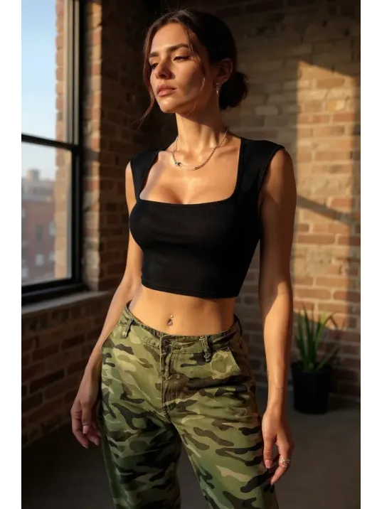 Kadın Siyah Kare Yaka Kalınlaşan Omuz Detaylı Crop Top Bluz