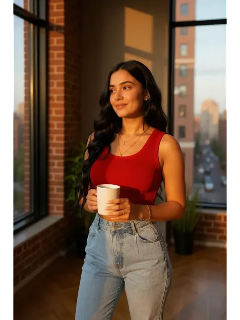 Kadın Kırmızı Kare Yaka Crop Top Bluz – Şık, Rahat Ve Kolay Kombinlenebilir