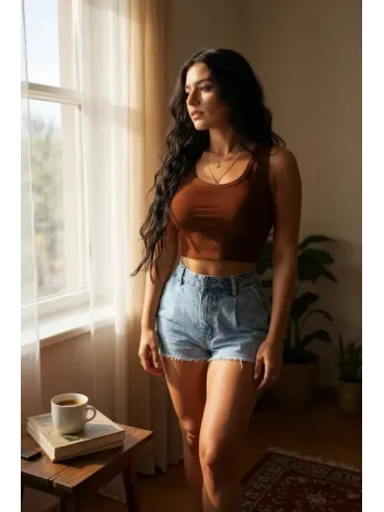 Kadın Kahverengi Kare Yaka Crop Top Bluz – Şık, Rahat Ve Kolay Kombinlenebilir