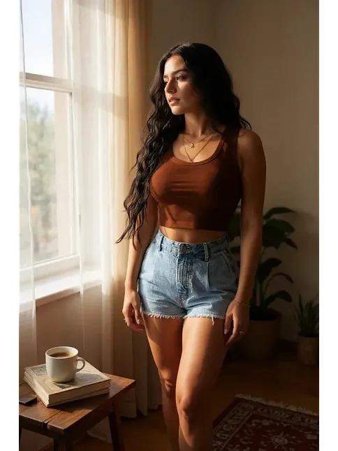 Kadın Kahverengi Kare Yaka Crop Top Bluz – Şık, Rahat Ve Kolay Kombinlenebilir