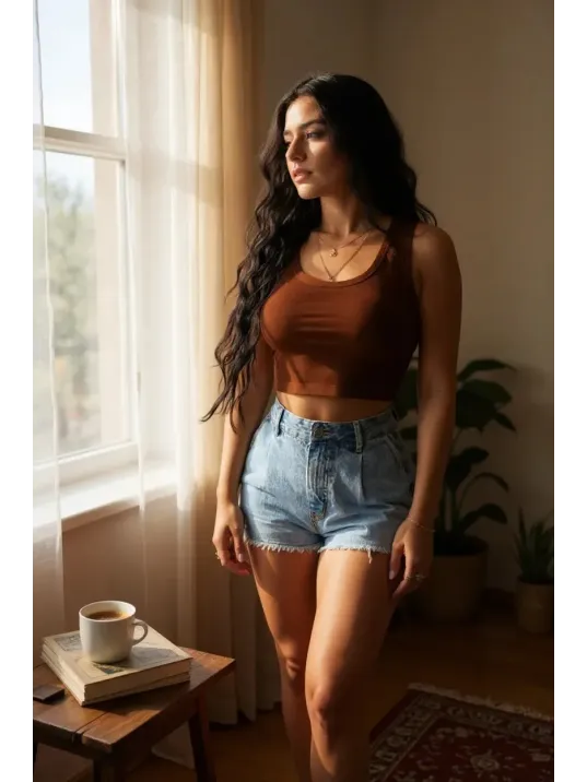 Kadın Kahverengi Kare Yaka Crop Top Bluz – Şık, Rahat Ve Kolay Kombinlenebilir