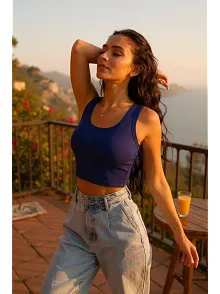 Kadın Lacivert Kare Yaka Crop Top Bluz – Şık, Rahat Ve Kolay Kombinlenebilir
