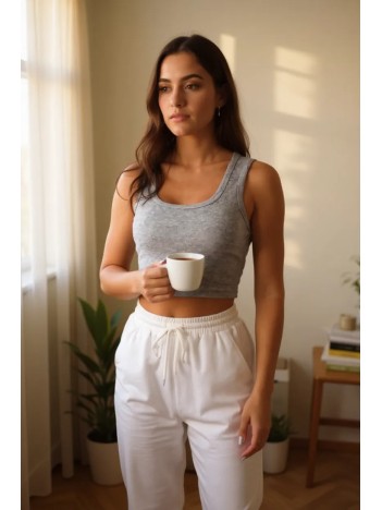 Kadın Gri Kare Yaka Crop Top Bluz – Şık, Rahat ve Kolay Kombinlenebilir