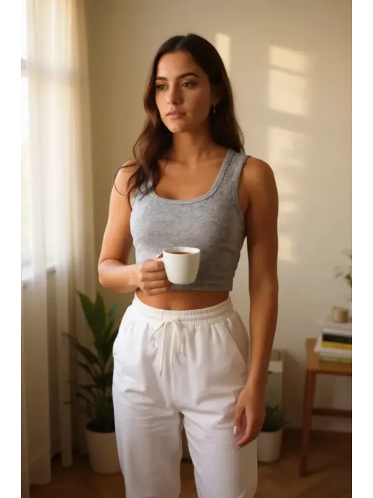 Kadın Gri Kare Yaka Crop Top Bluz – Şık, Rahat Ve Kolay Kombinlenebilir