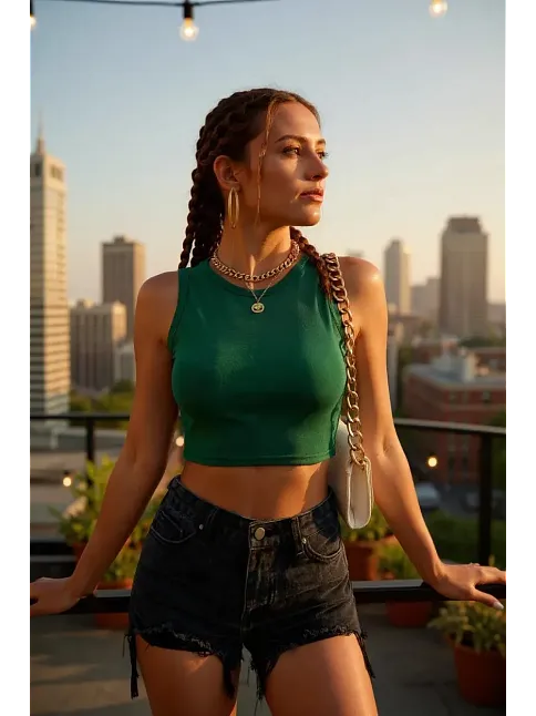 Kadın Yeşil Kare Yaka Crop Top Bluz – Şık, Rahat Ve Kolay Kombinlenebilir