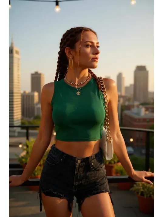 Kadın Yeşil Kare Yaka Crop Top Bluz – Şık, Rahat Ve Kolay Kombinlenebilir