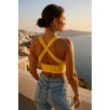 Kadın Sarı Çapraz Sırt Detaylı Şık Crop Top Büstiyer – Modern ve Şık Tasarım