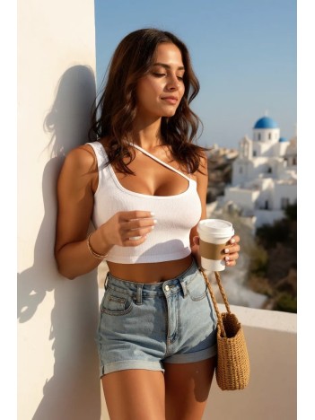 Kadın Beyaz Tek Omuzlu Çapraz Askılı Crop Top Büstiyer