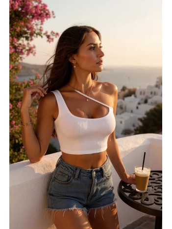 Kadın Beyaz Tek Omuzlu Çapraz Askılı Crop Top Büstiyer