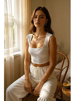 Kadın Beyaz Kare Yaka Kalınlaşan Omuz Detaylı Crop Top Bluz – Şık, Rahat Ve Kolay Kombinlenebilir