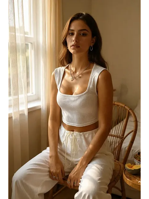 Kadın Beyaz Kare Yaka Kalınlaşan Omuz Detaylı Crop Top Bluz – Şık, Rahat Ve Kolay Kombinlenebilir