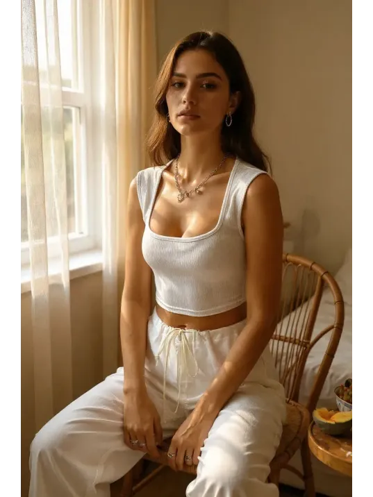 Kadın Beyaz Kare Yaka Kalınlaşan Omuz Detaylı Crop Top Bluz – Şık, Rahat Ve Kolay Kombinlenebilir