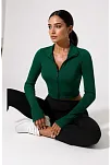 Kadın Yeşil Uzun Kol Fermuarlı Parmak Geçme Detaylı Dik Yaka Crop Top Bluz