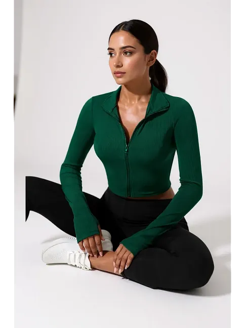 Kadın Yeşil Uzun Kol Fermuarlı Parmak Geçme Detaylı Dik Yaka Crop Top Bluz