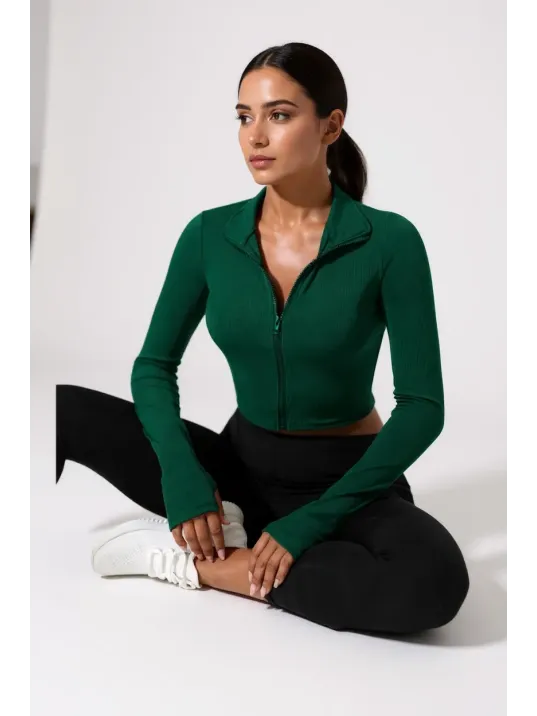 Kadın Yeşil Uzun Kol Fermuarlı Parmak Geçme Detaylı Dik Yaka Crop Top Bluz