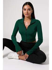 Kadın Yeşil Uzun Kol Fermuarlı Parmak Geçme Detaylı Dik Yaka Crop Top Bluz