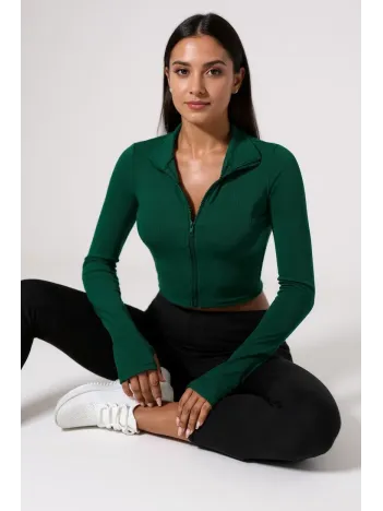 Kadın Yeşil Uzun Kol Fermuarlı Parmak Geçme Detaylı Dik Yaka Crop Top Bluz