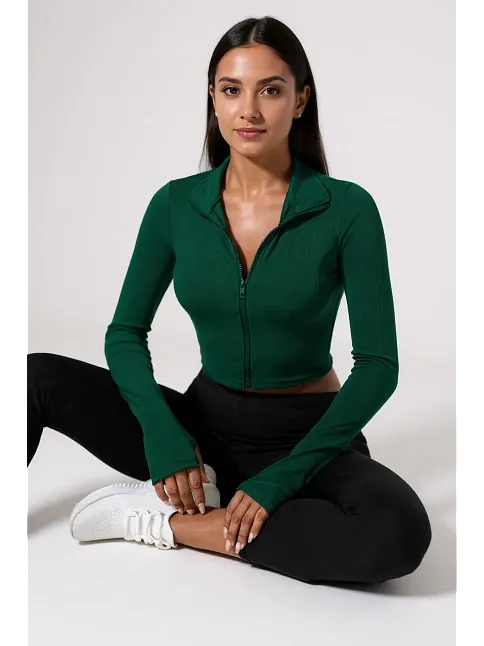 Kadın Yeşil Uzun Kol Fermuarlı Parmak Geçme Detaylı Dik Yaka Crop Top Bluz