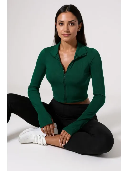 Kadın Yeşil Uzun Kol Fermuarlı Parmak Geçme Detaylı Dik Yaka Crop Top Bluz Kadın Yeşil Uzun Kol Fermuarlı Parmak Geçme Detaylı Dik Yaka Crop Top Bluz