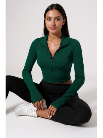 Kadın Yeşil Uzun Kol Fermuarlı Parmak Geçme Detaylı Dik Yaka Crop Top Bluz