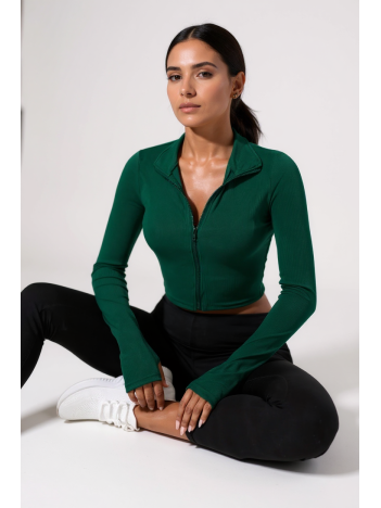 Kadın Yeşil Uzun Kol Fermuarlı Parmak Geçme Detaylı Dik Yaka Crop Top Bluz