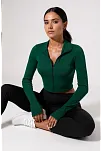 Kadın Yeşil Uzun Kol Fermuarlı Parmak Geçme Detaylı Dik Yaka Crop Top Bluz
