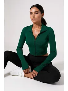 Kadın Yeşil Uzun Kol Fermuarlı Parmak Geçme Detaylı Dik Yaka Crop Top Bluz