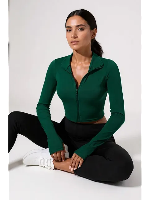 Kadın Yeşil Uzun Kol Fermuarlı Parmak Geçme Detaylı Dik Yaka Crop Top Bluz