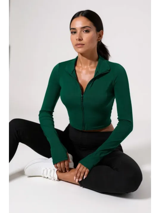 Kadın Yeşil Uzun Kol Fermuarlı Parmak Geçme Detaylı Dik Yaka Crop Top Bluz