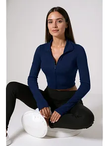 Kadın Lacivert Uzun Kol Fermuarlı Parmak Geçme Detaylı Dik Yaka Crop Top Bluz – Şık, Rahat Ve Kolay Kombinlenebilir