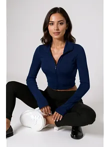 Kadın Lacivert Uzun Kol Fermuarlı Parmak Geçme Detaylı Dik Yaka Crop Top Bluz – Şık, Rahat Ve Kolay Kombinlenebilir