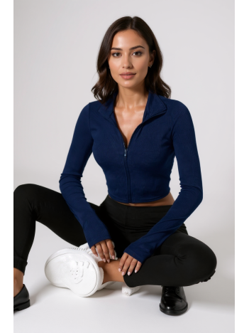 Kadın Lacivert Uzun Kol Fermuarlı Parmak Geçme Detaylı Dik Yaka Crop Top Bluz – Şık, Rahat Ve Kolay Kombinlenebilir