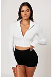 Kadın Beyaz Uzun Kol Fermuarlı Parmak Geçme Detaylı Dik Yaka Crop Top Bluz