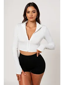 Kadın Beyaz Uzun Kol Fermuarlı Parmak Geçme Detaylı Dik Yaka Crop Top Bluz
