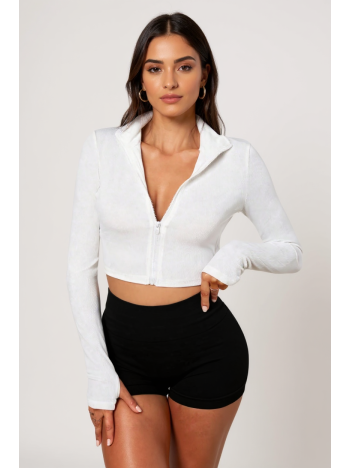 Kadın Beyaz Uzun Kol Fermuarlı Parmak Geçme Detaylı Dik Yaka Crop Top Bluz