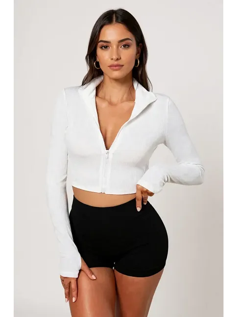 Kadın Beyaz Uzun Kol Fermuarlı Parmak Geçme Detaylı Dik Yaka Crop Top Bluz