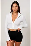 Kadın Beyaz Uzun Kol Fermuarlı Parmak Geçme Detaylı Dik Yaka Crop Top Bluz