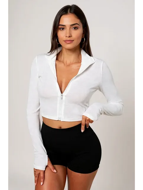 Kadın Beyaz Uzun Kol Fermuarlı Parmak Geçme Detaylı Dik Yaka Crop Top Bluz