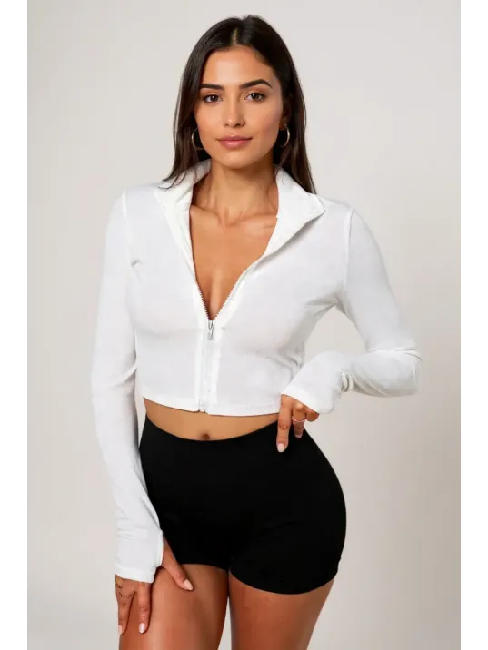 Kadın Beyaz Uzun Kol Fermuarlı Parmak Geçme Detaylı Dik Yaka Crop Top Bluz