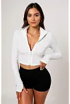 Kadın Beyaz Uzun Kol Fermuarlı Parmak Geçme Detaylı Dik Yaka Crop Top Bluz