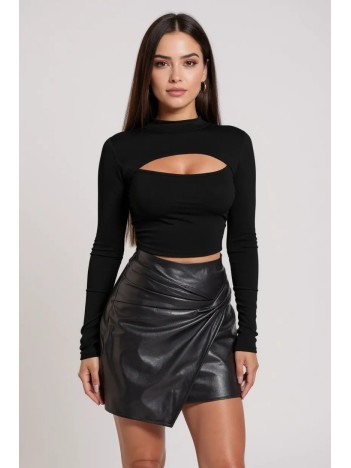 Kadın Siyah Göğüs Dekolteli Uzun Kollu Cut Out Crop Top Bluz – Şık, Rahat ve Kolay Kombinlenebilir