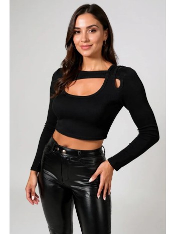Kadın Siyah Göğüs Dekolteli Çapraz Askılı Uzun Kollu Crop Top Bluz – Şık, Rahat Ve Kolay Kombinlenebilir